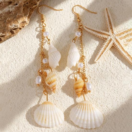 1 Pair Women Earrings, Long Tassel Shell Conch Starfish Design Drop Earrings, Imitation Pearls Earrings for Beach Vacation Jewelry