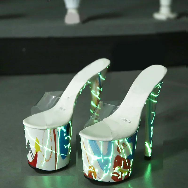 Fashion Designer 20CM Hentian High Nightclub High Heel Shoes Fluorescent Sandals Women's Shoes Walking Show Steel Pipe Dance Shoes