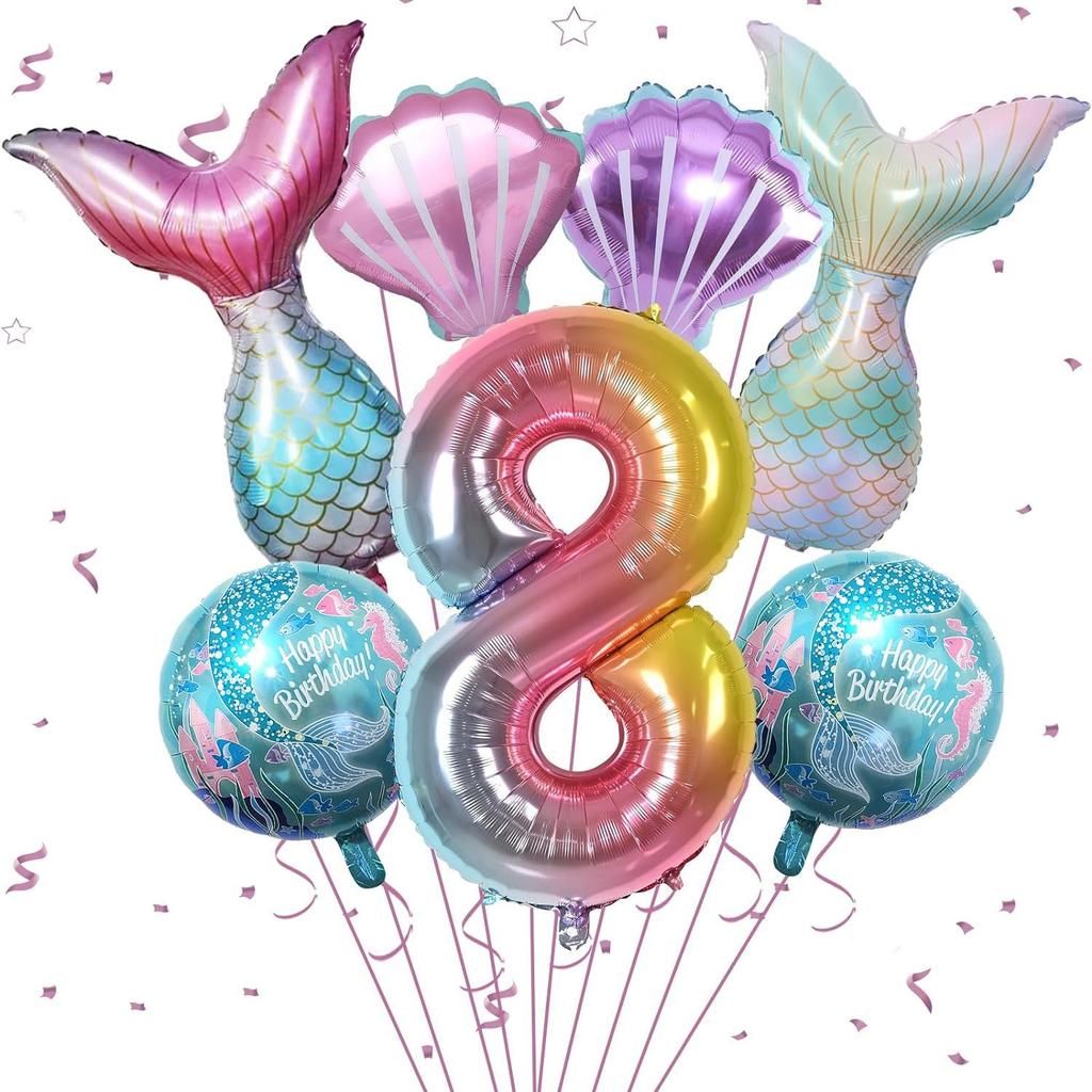 Meerjungfrauen-Mottoparty-Dekorationen Helium-Folienballons Schwanzdesigns Regenbogen-Zahlen Muschel-Akzente für Kindergeburtstag Babyparty
