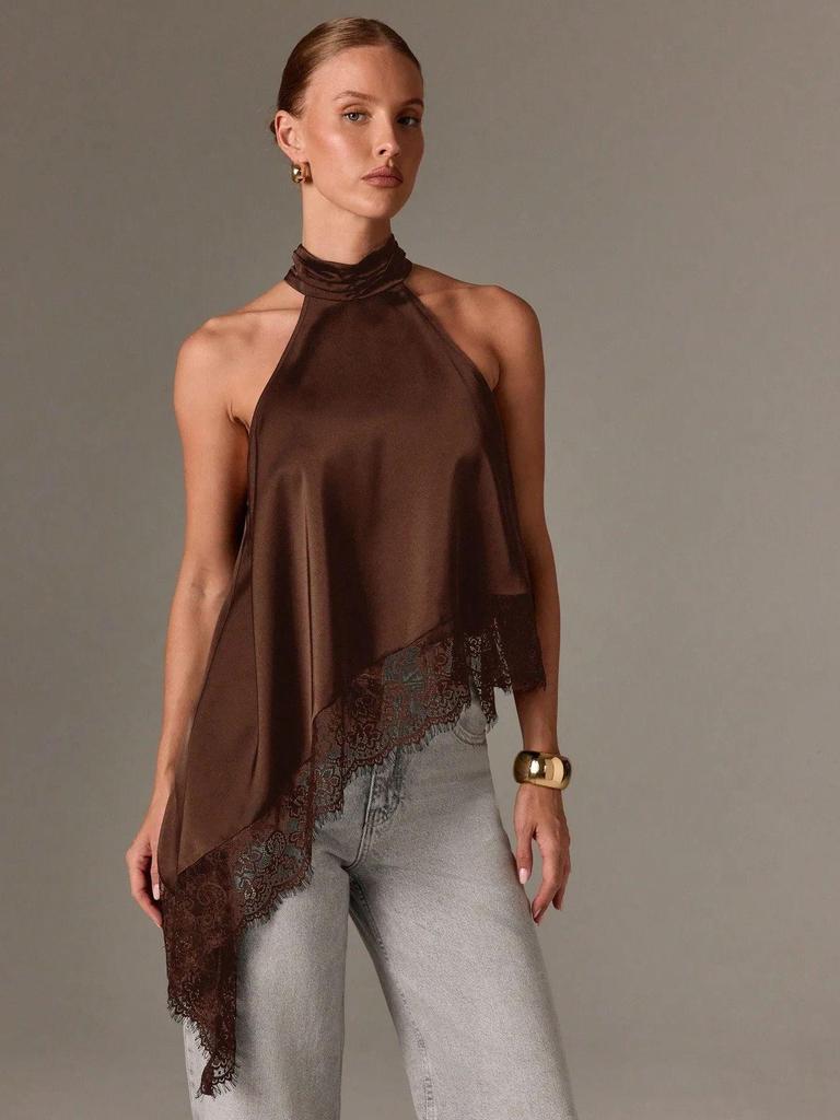 2025 Women's Satin Halter Neck Sleeveless Asymmetrical Camisole with Lace Trim