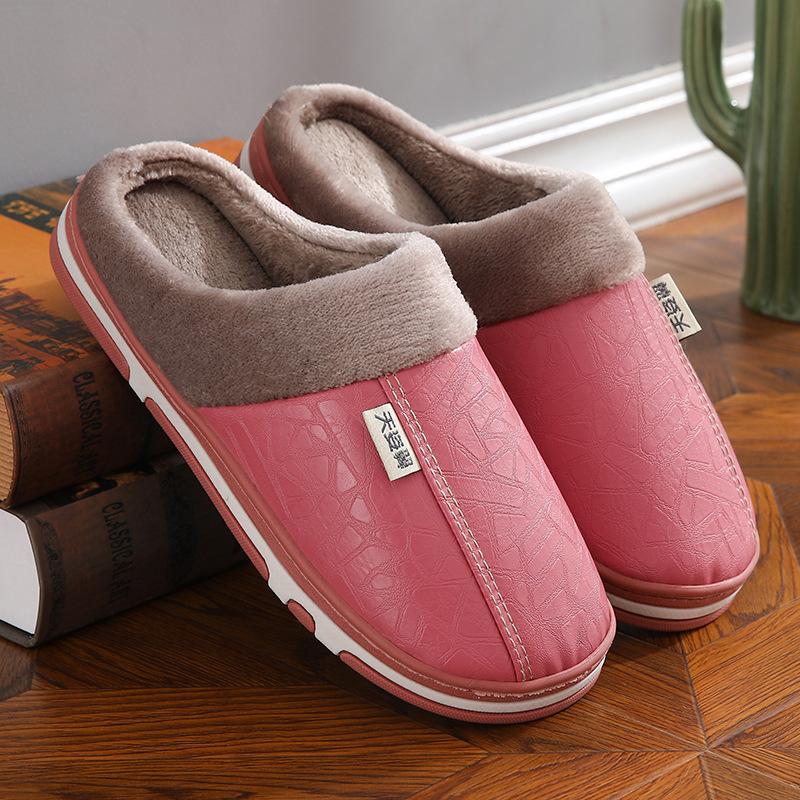 

Модные женские водонепроницаемые ПУ домашние тапочки для помещений и улицы, нескользящие, с плюшевой флисовой подкладкой, удобные, теплые зимние туфли, осенняя мода 36-37 розовый