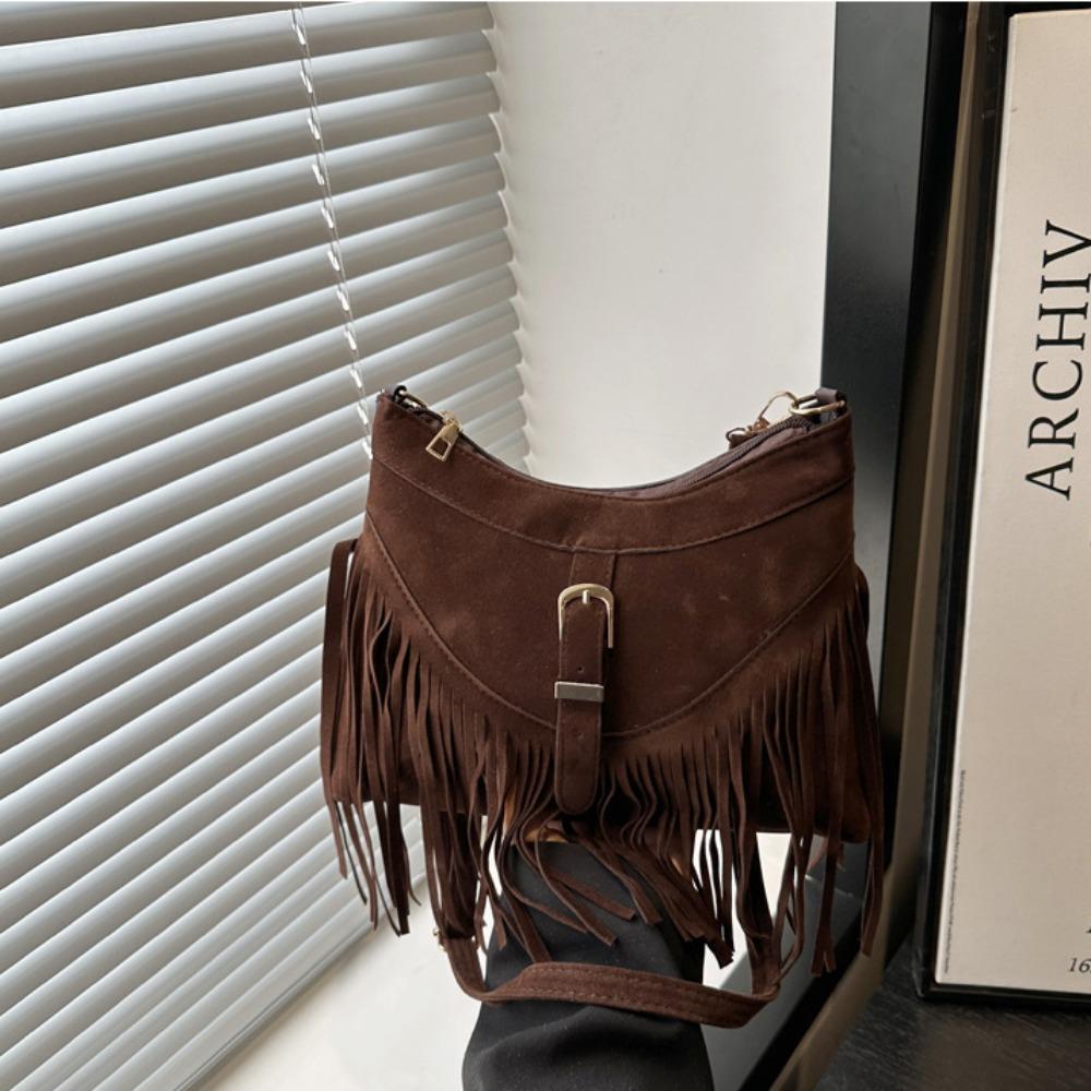 Solid Color Tassel Shoulder Bag Buckle Underarm Packs Sweet Suede Handbag  Travel