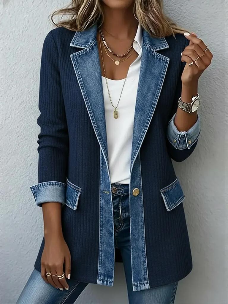 Women's Point Collar Long Sleeve Color Block Jacket Loose Fit Streetwear Denim Patchwork Blazer