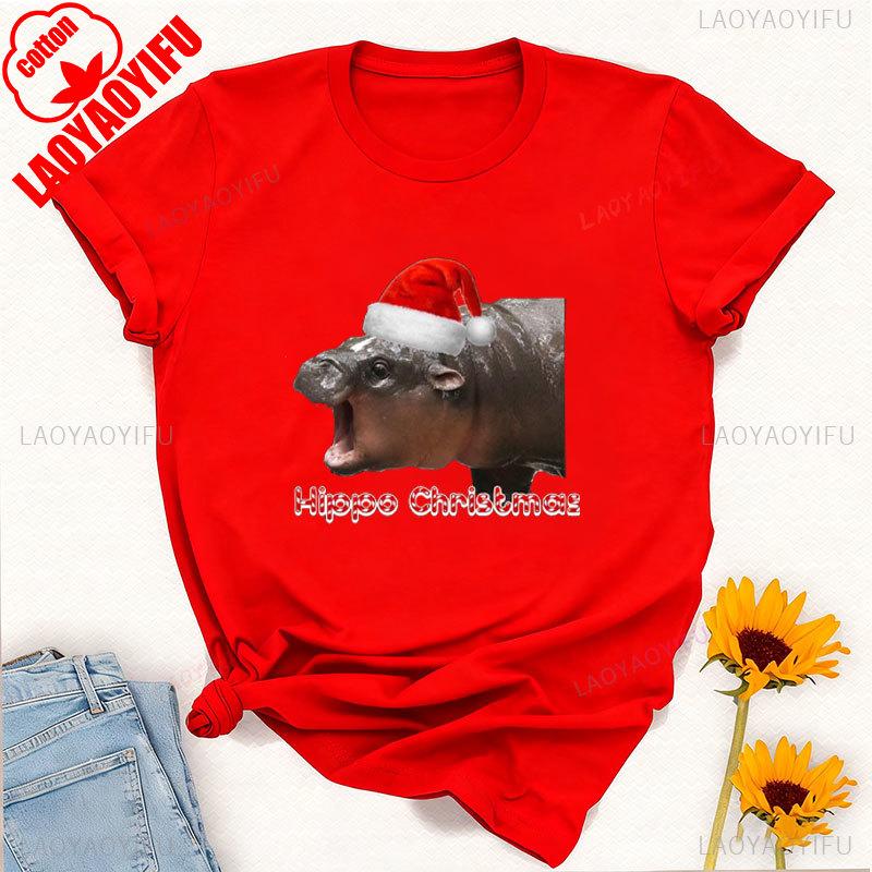 Moo Deng Pygmy Hippopotamus Christmas Hat Graphic Tshirt High Quality Cotton Crewneck Tops Tee Shirt Short Unisex Casual Style