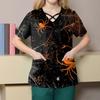 Women's Fashion Cross V Neck Short Sleeve Overalls Double Pockets Halloween Printed Tops Uniforms