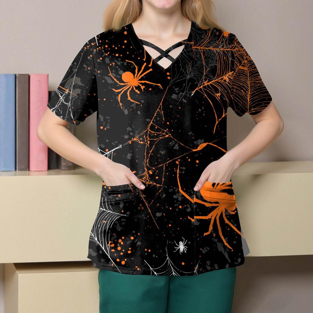 Women's Fashion Cross V Neck Short Sleeve Overalls Double Pockets Halloween Printed Tops Uniforms
