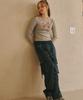 RONRON Double Ribbon Slim Crop Long Sleeve Gray