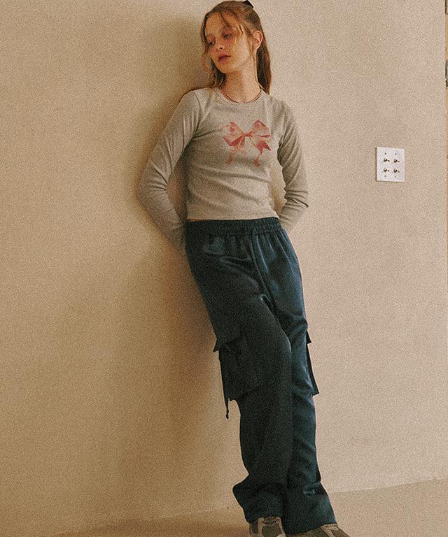 RONRON Double Ribbon Slim Crop Long Sleeve Gray
