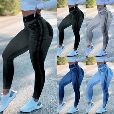 Kadın Sahte Denim Kot Spor Tayt Elastik Yüksek Bel Ince Yoga Pantolon Bayanlar Açık Pantalon femme