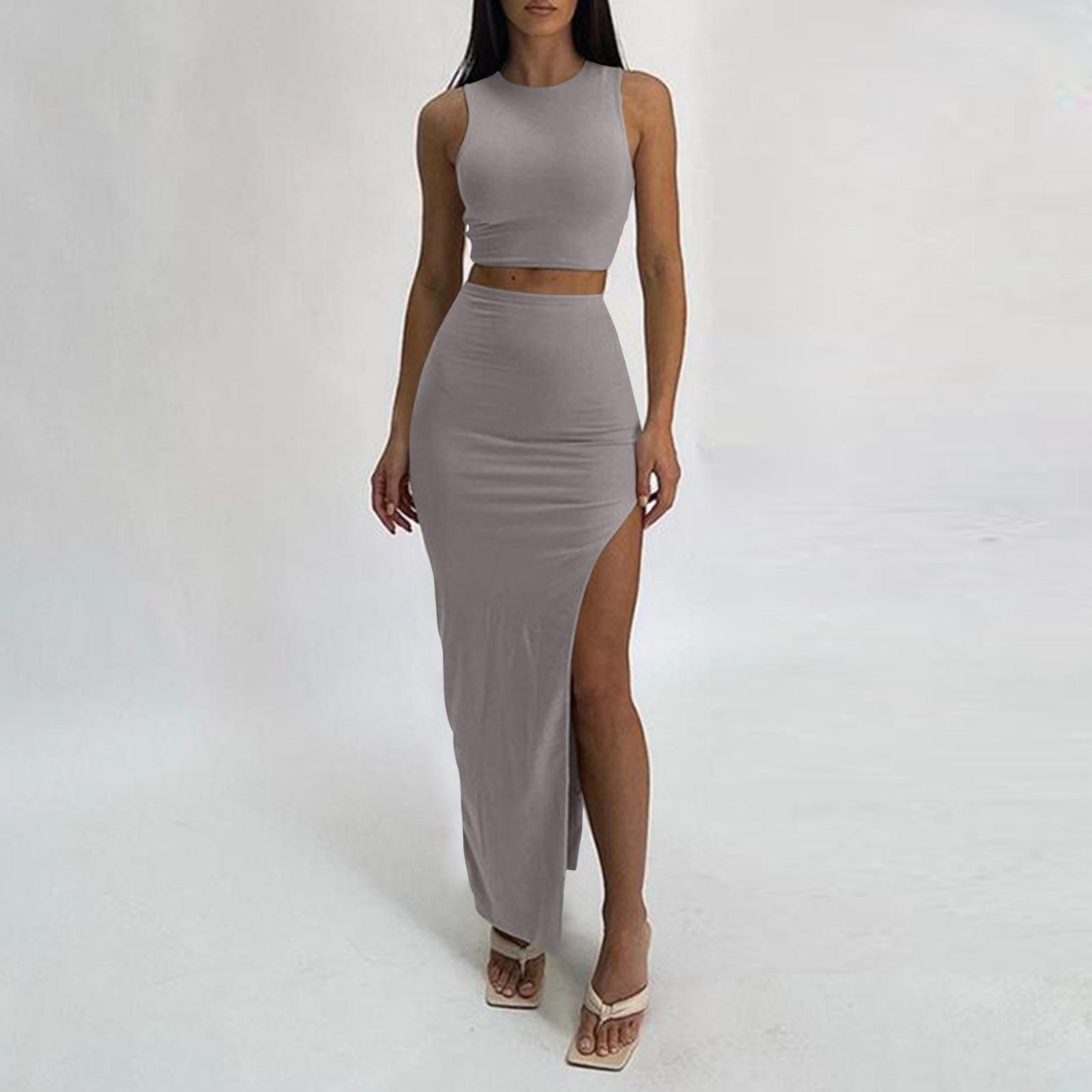 

Летняя длинная юбка, круглый вырез, однотонный разрез, сексуальный костюм с юбкой, облегающий бедра S