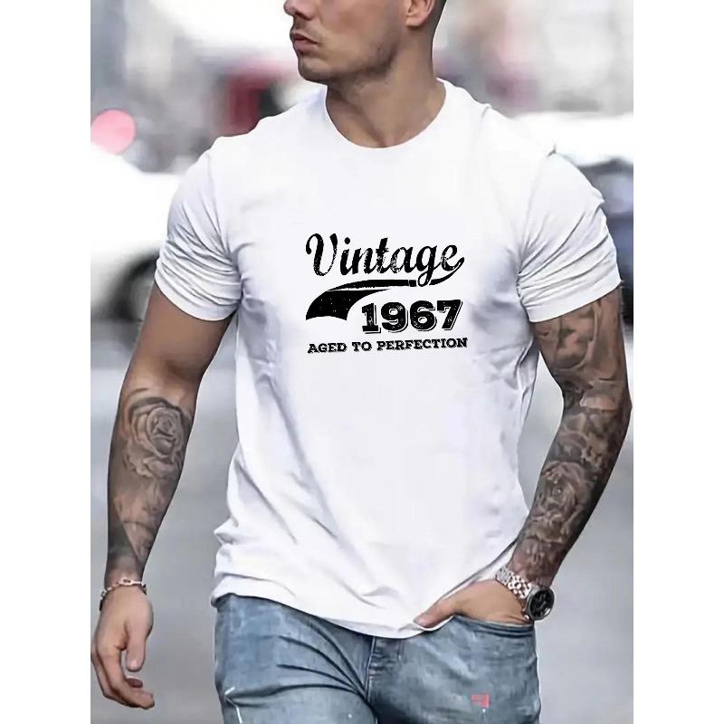European Size Vintage 1967 Aged to Perfection, Geometric Print, Men's Crew Neck Short Sleeve T-Shirt, Casual Comfy Lightweight Top, For Summer