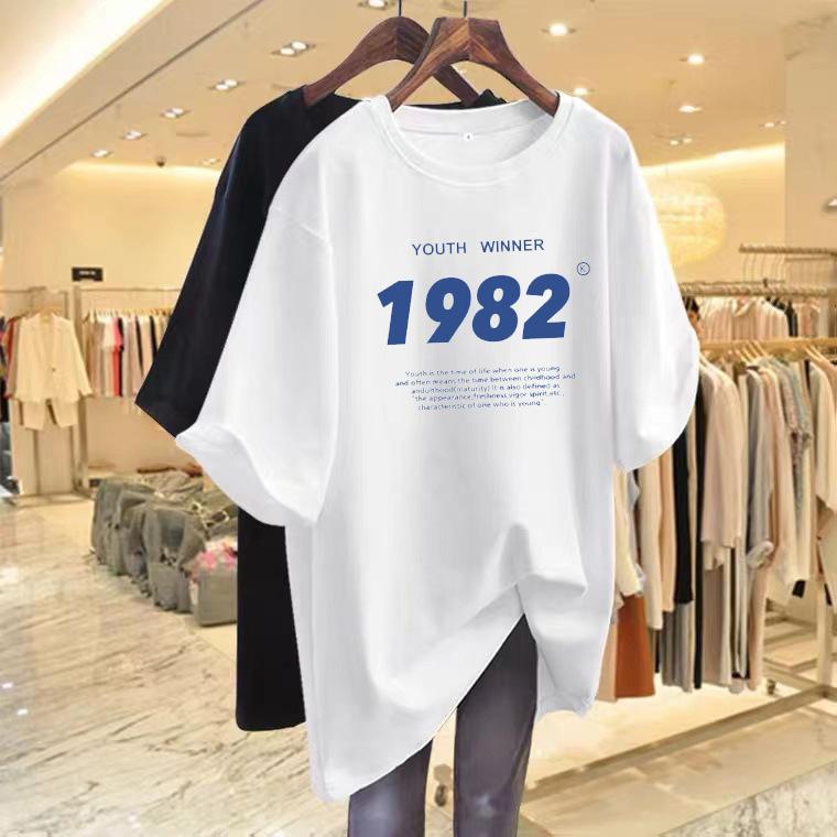

2025 new large size cotton letter short-sleeved t-shirt women s loose medium and long niche split top trendy ins summer S белый