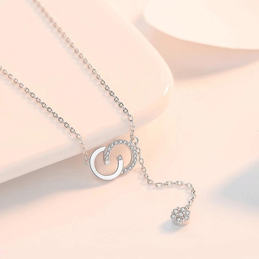 Interlocked Double C with Cluster Cubic Zirconia Y Drop Pendant Minimalist Women Clavicle Necklace