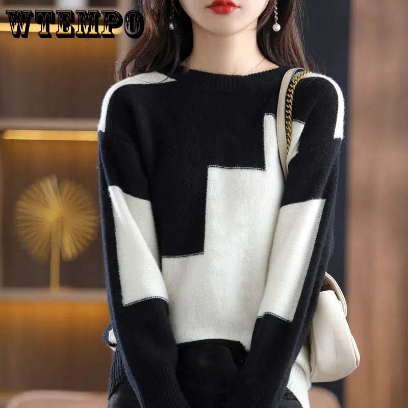 

Вязаный свитер с круглым вырезом и цветными блоками, женский осенне-зимний свитер с контрастным цветовым дизайном, повседневная универсальная рубашка со свободным верхом и низом L белый