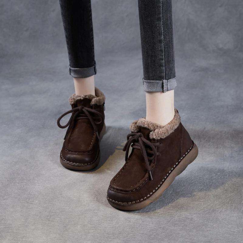 Johnature Winter Thick Plush Warm Cotton Boots Genuine Leather Retro Comfortable Soft Soled Women's Flat Ankle Boots