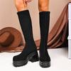 Women's Black High Heels Knee High Boots Slim Fit Slip On Gothic Platform Shoes Woman Non Slip Chunky Heeled Long Botas De Mujer