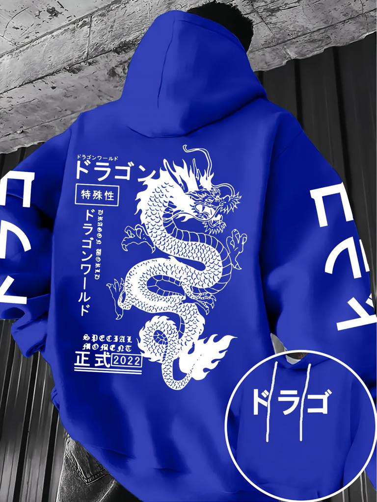Comfortable Warm Men's Japanese Anime Dragon-pattern Hooded Sweater for Autumn Winter Loose Casual Street Fashion Trend Clothing