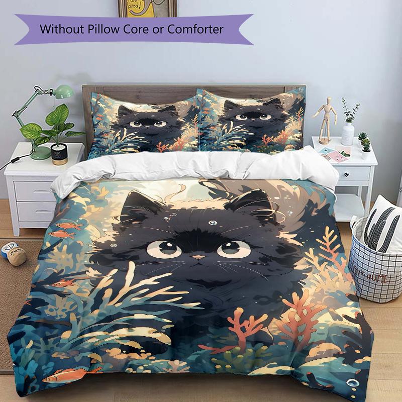 

3pcs Temperamental Black Cat Bedding Set Includes Quilt Cover and Pillowcases, Suitable for All Seasons L105 135x200cm