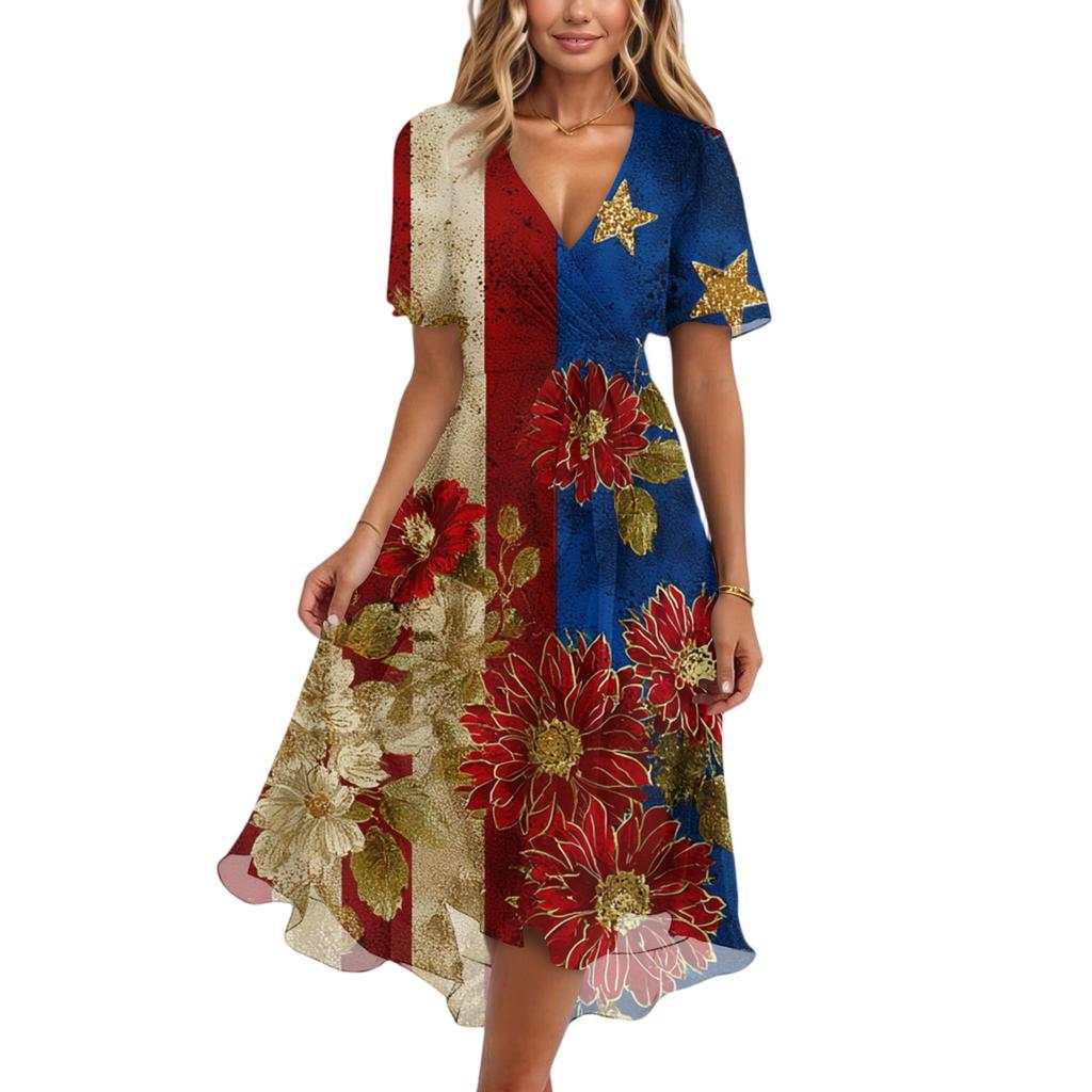 Women's Fashionable Casual V-neck Short-sleeved Independence Day Printed Dress