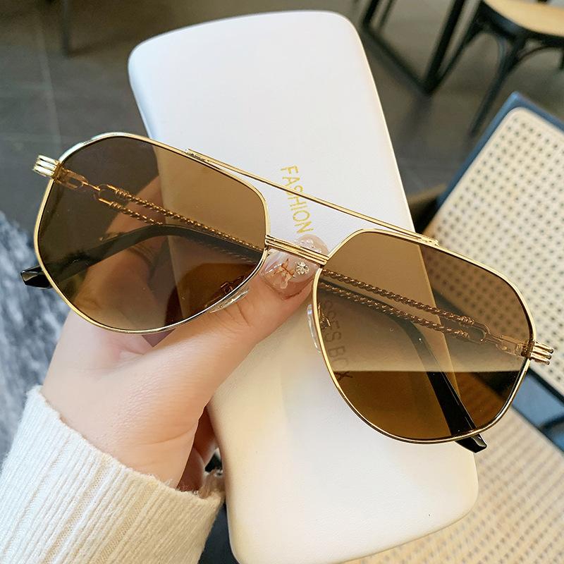 Non-polarized Fashion Men Polygonal Metal Double Beam Sunglasses New Trendy Personalized Men Driving Goggles Light Luxury Brand