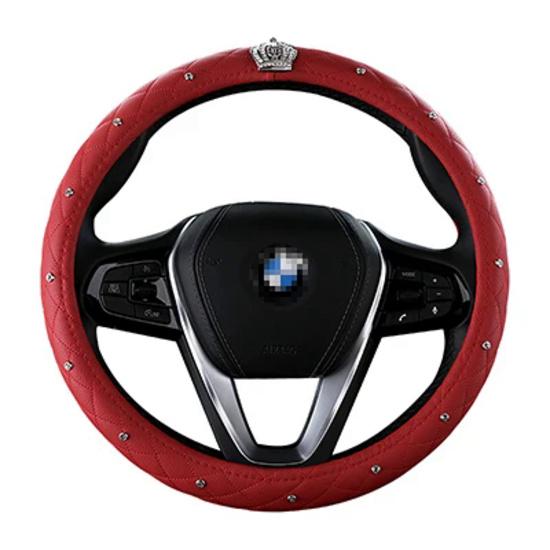 DERMAY Luxury Crystal Crown Studded Rhinestone PU Leather Car Steering Wheel Cover Diamond Steering For Women Girl Car Styling