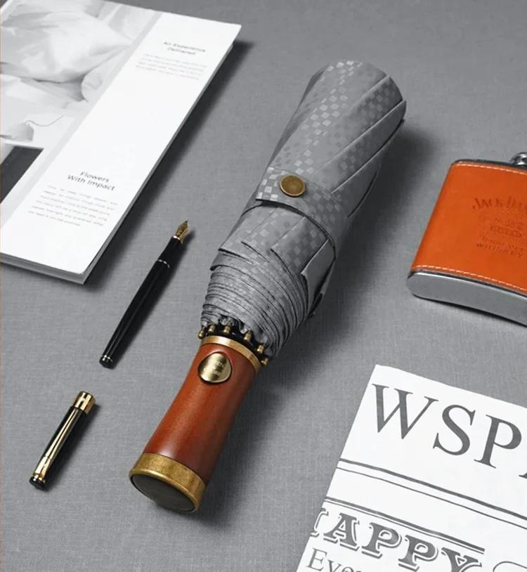 Premium Business Umbrella Gorgeous Automatic UV with Wood Handle Gift Box Paraguas Parasol for Women Men Gift