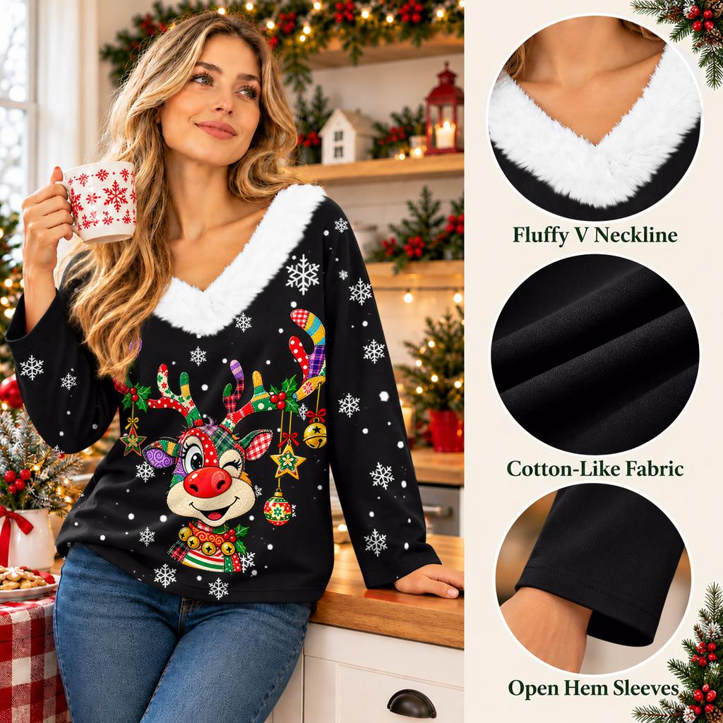 Women's Fashionable Casual Long Sleeve Christmas Print Plush Collar V-Neck Top