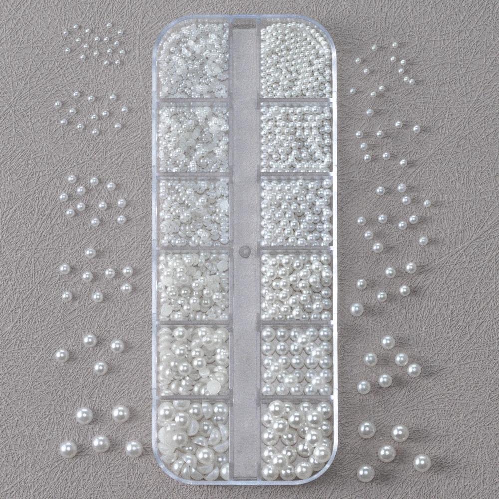 12Grids 3D Mixed White Pearls Nail Charms 0.15-0.5mm Round/Semicircle Pearl Beads Nail Art Rhinestones DIY Manicure Accessories