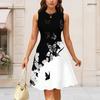 Women Plus Size Black Grey White Camouflage Printed Round Neck Sleeveless A Line Long Dress
