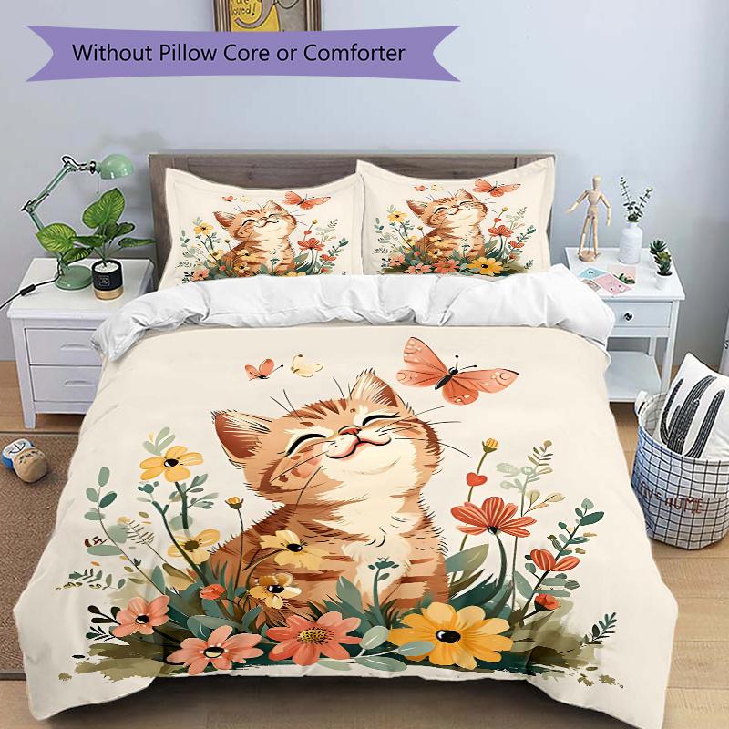 

3pcs Butterfly and Cat Pattern Bedding Three-Piece Set (No Fillings), Soft and Comfortable M021 135x200cm