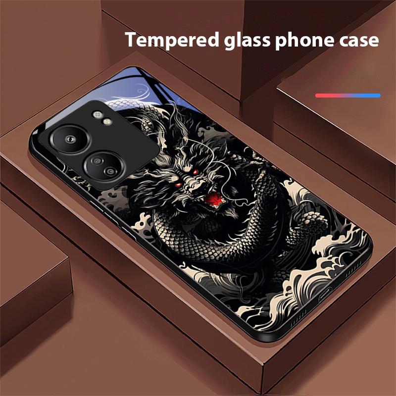 Chinesischer Winddrache Für Xiaomi Redmi 13C Note13 12 Pro Plus 5G Note 9 13T Pro POCO X6 F5 F6 Schwarze Handyhülle aus gehärtetem Glas