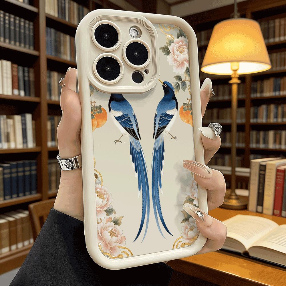 Blue Magpies Peonies Shockproof Soft Phone Case For Xiaomi Redmi Note 15 14 13 12 11 10 9 8 Pro Anti-Slip Anti-Fall Cover