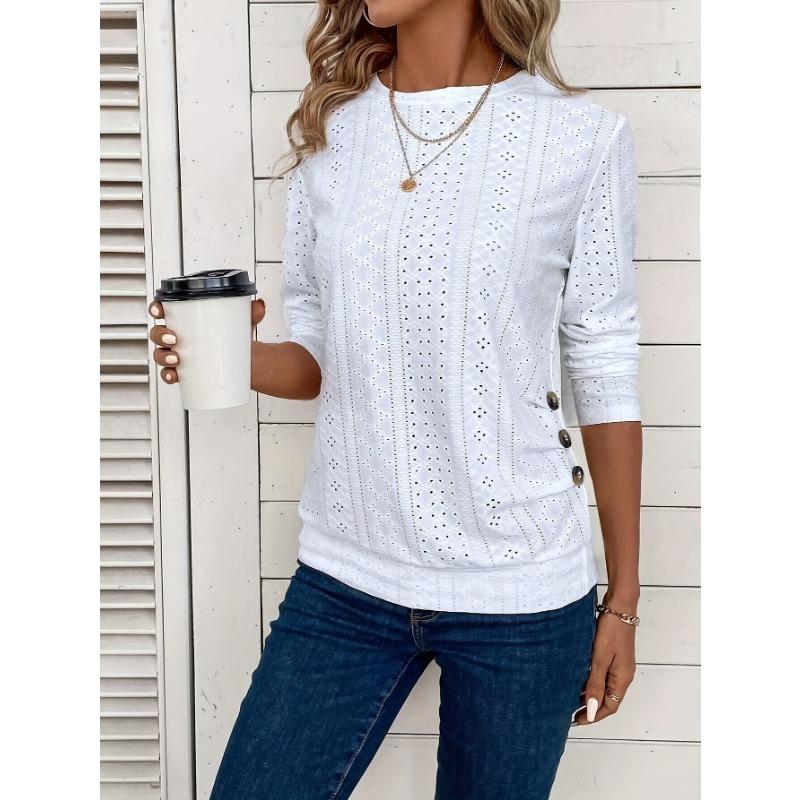 

Футболка с длинным рукавом, украшенная пуговицами и люверсами, повседневный однотонный топ с круглым вырезом, весна/осень, женская XL белый