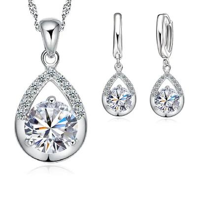Brautschmuck Sets 925 Silber Kristall Wassertropfen Halsketten Creolen Damen Party Verlobung