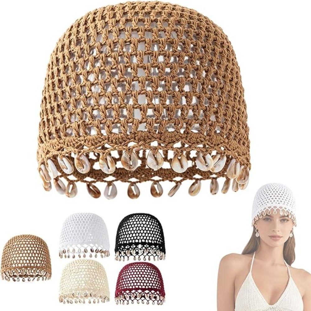 Cotton Crochet Shell Beanie Hat Breathable Hollow Out Knit Cap Summer Headwear Daily Wear