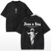 Jesus Is King T-Shirt Christian Cross Print Vintage Men Women Washed Cotton Retro Religious Graphic Tee Streetwear Unisex Top