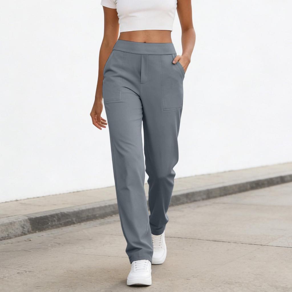 Women's Fashionable Color High Waisted Elastic Straight Leg Casual Pants With Pockets, Yoga And Fitness Pants