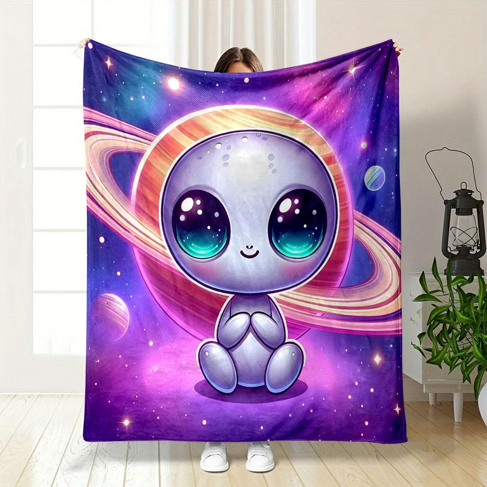 Cute Alien with Saturn Background Print Blanket Soft and Cozy Perfect for the Living Room Bed Sofa or a Nap,gift
