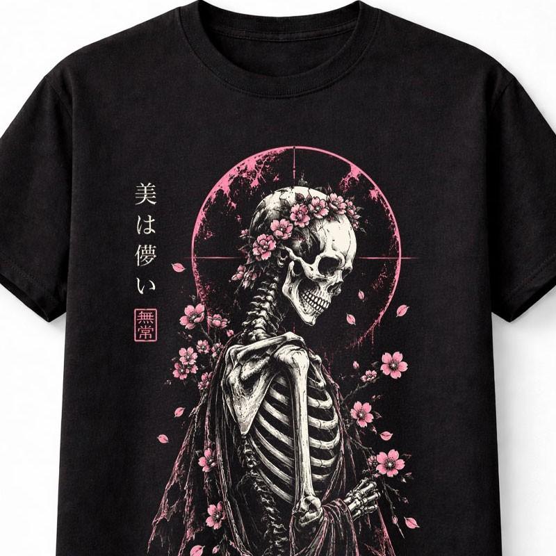 Sakura Skeleton Japanese Horror Anime Graphic Black Unisex TShirt