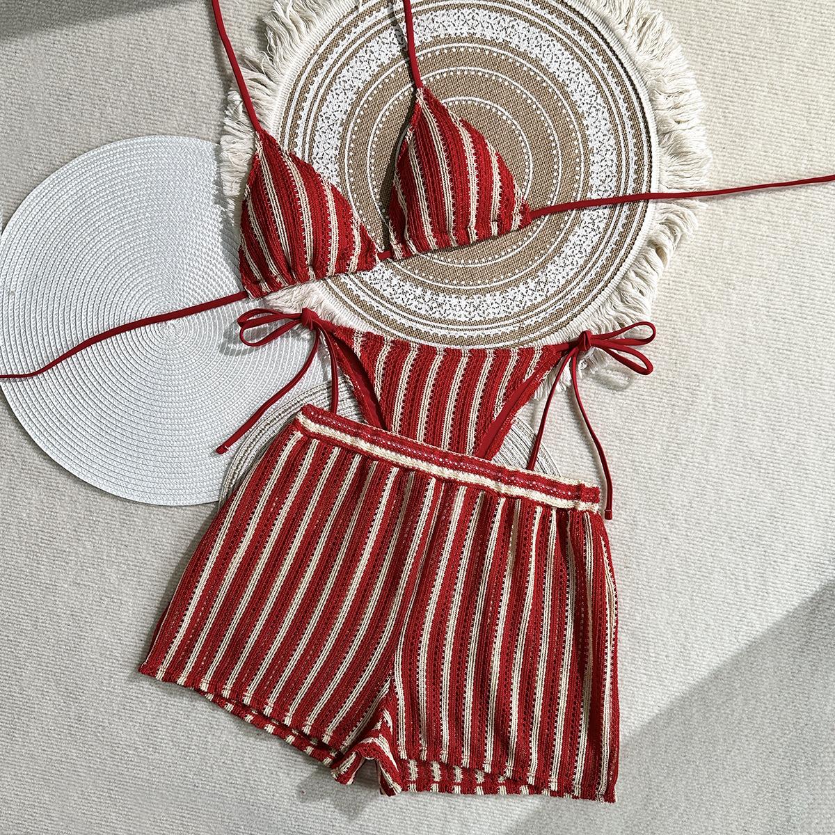 European and American fashion sexy lace-up striped three-piece swimsuit bikini bikini S