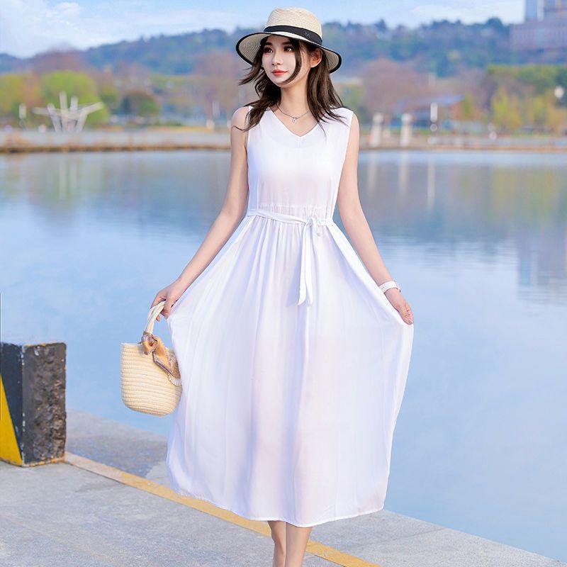 New Women's Summer Sleeveless French Silk-Cotton Beach Dress