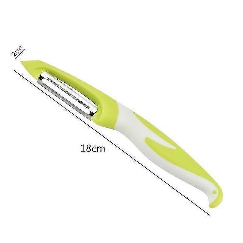 Fruit and vegetable peeler with serrated stainless steel blades, ergonomic handle, and potato sprout remover. Light Green.
