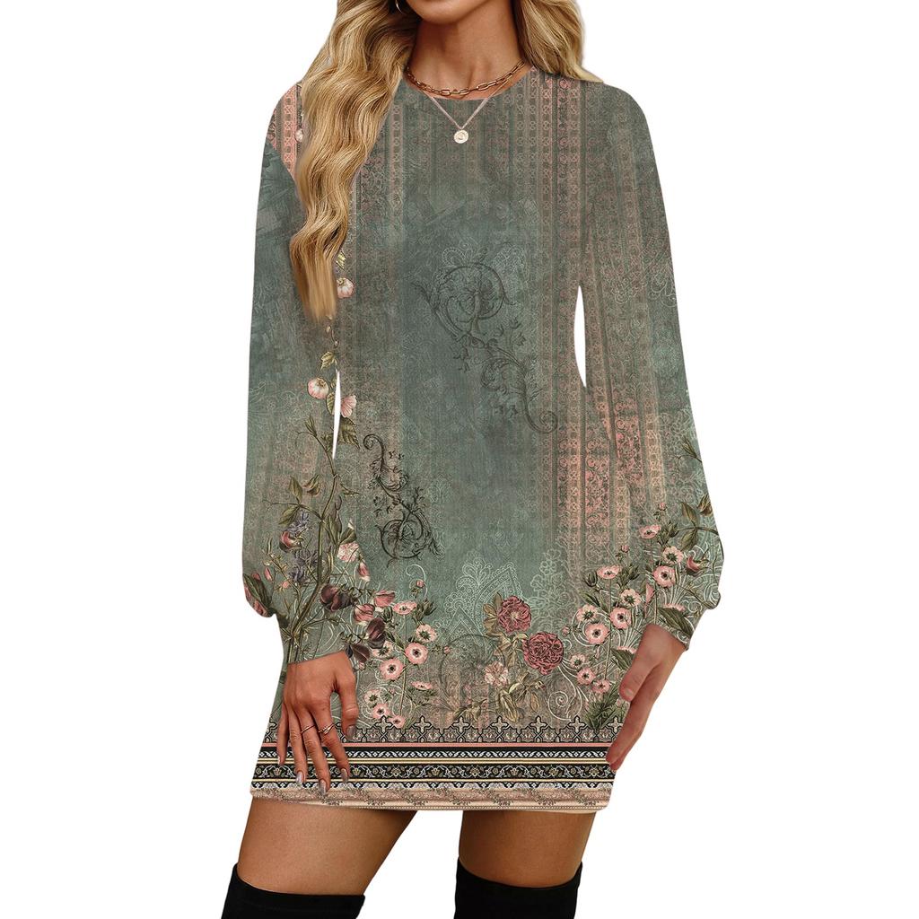 Damenmode Lässiges Rundhals Langarmkleid