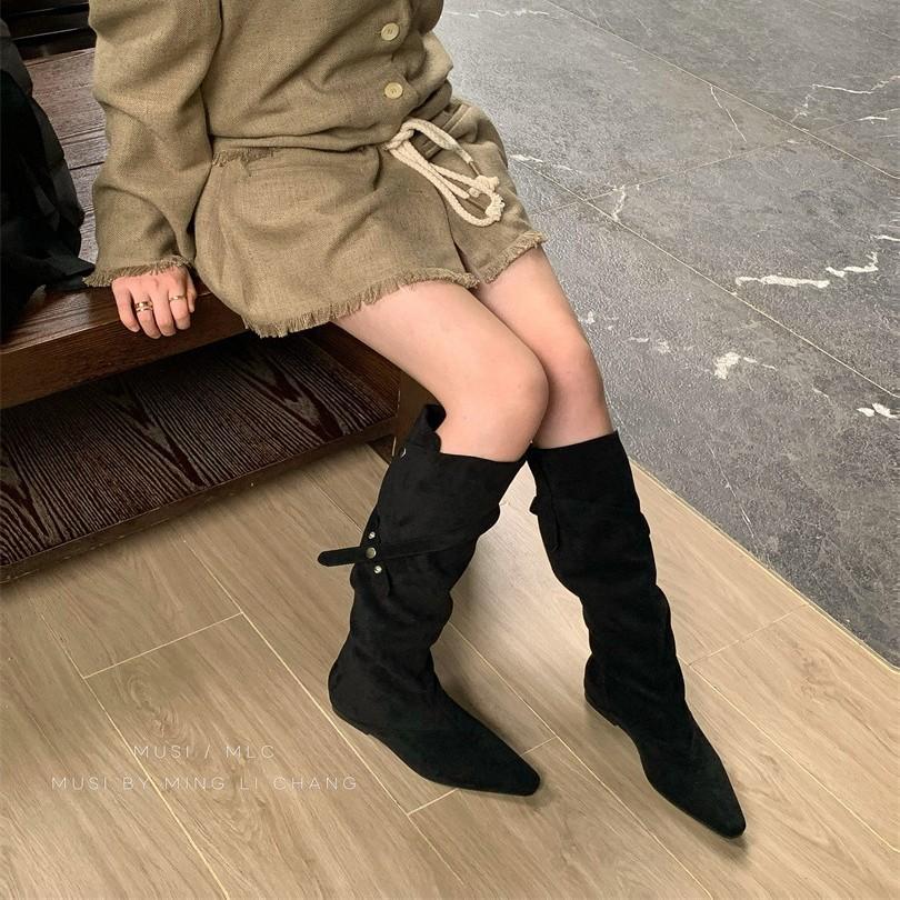 2025 Autumn and Winter New Square Head Slack Two Wear Tall Boots Velvet Simple Bag Legs Slope Heel Boots Women