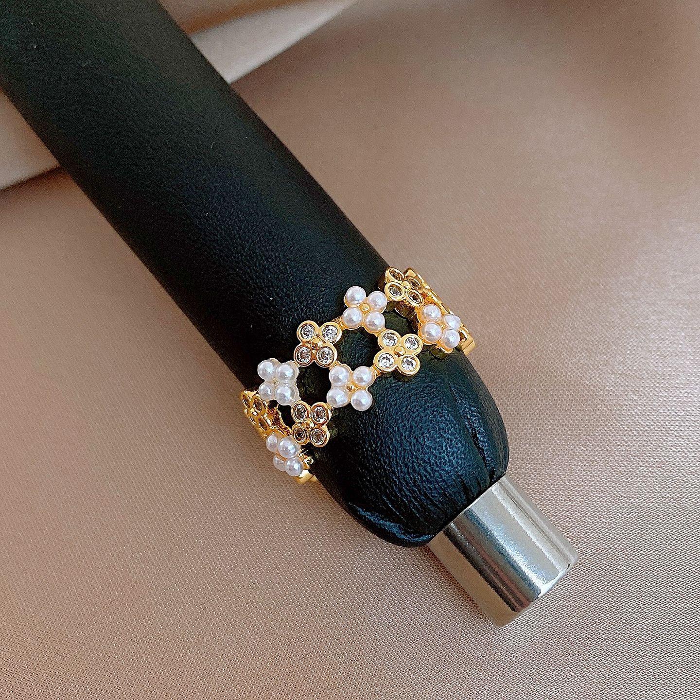 18K real gold electroplated zircon wide-sided hollow flower opening ring ring ring jewelry women
