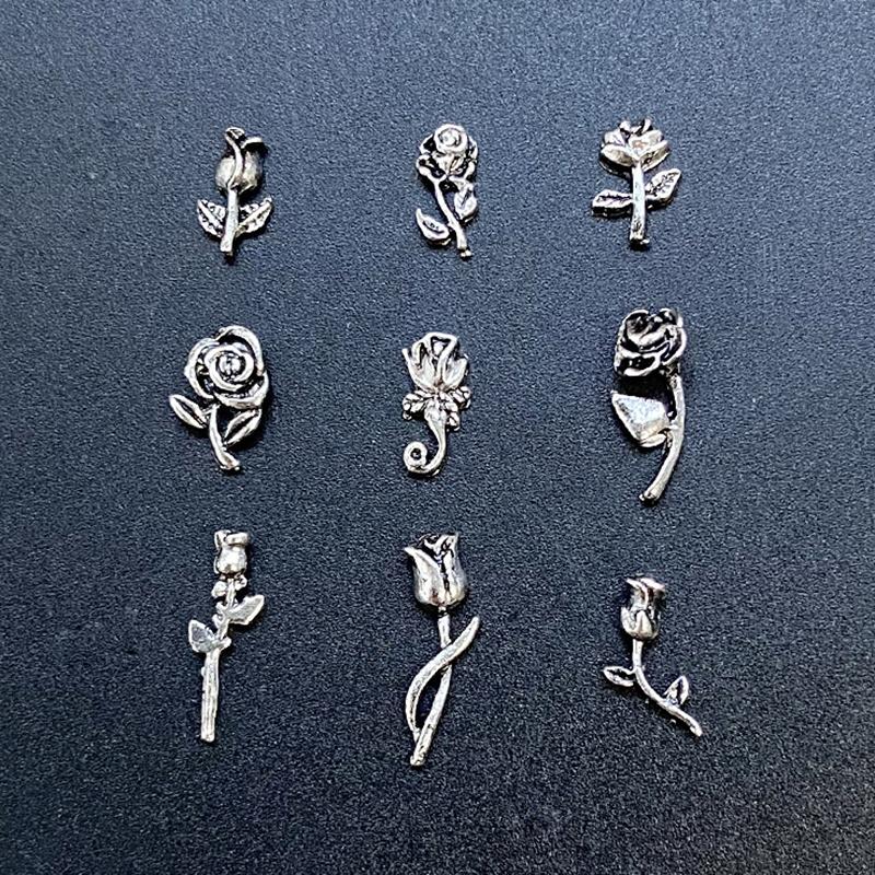 10Pcs 3D Rose Nail Art Ornament Alloy Nail Art Charms Diy Craft For Nail Decoration Silver Retro Flower Nail Charm Jewelry Salon