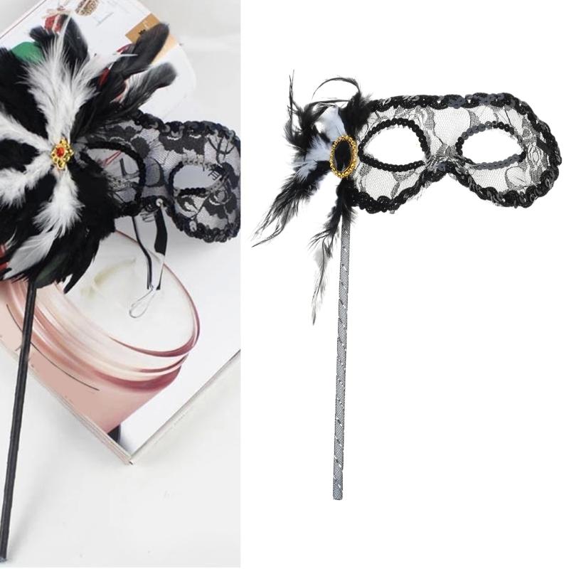 Feather Masquerade Mask with Stick for Women, Lace Eyemask Masquerade Half Face Mask Masquerade Costume Accessories