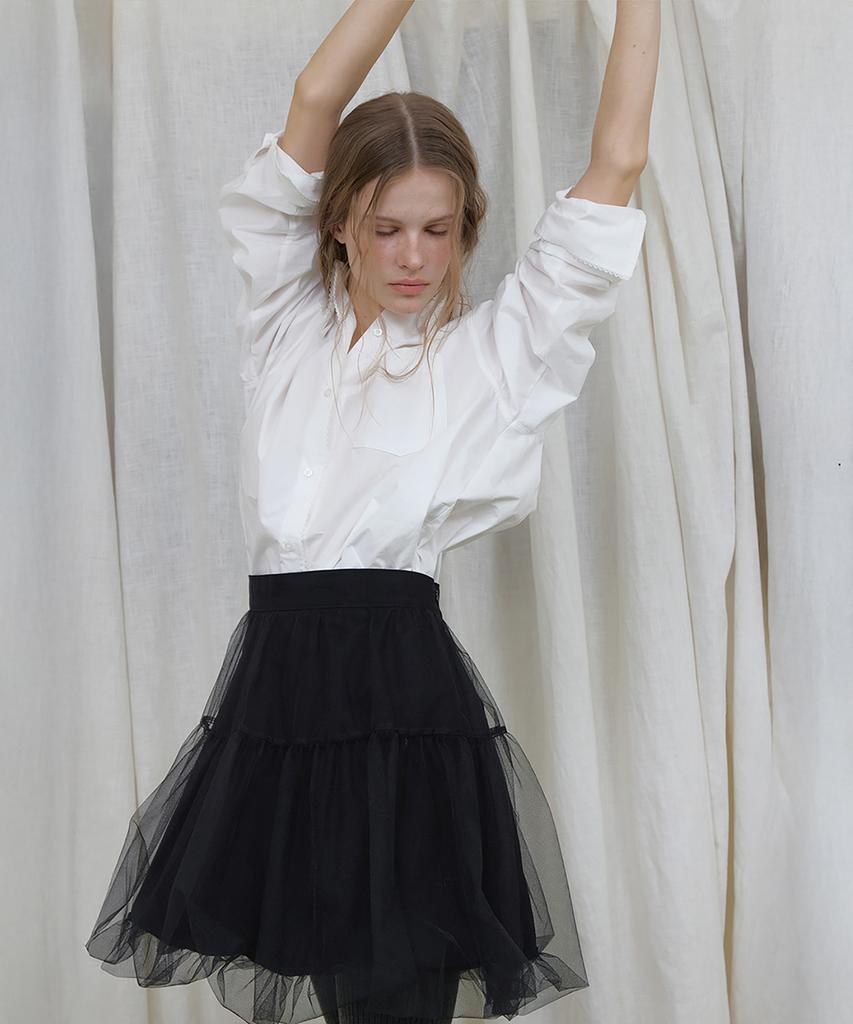 Lonkeu Balloon Banding Mesh Layered Mini Skirt (Black)