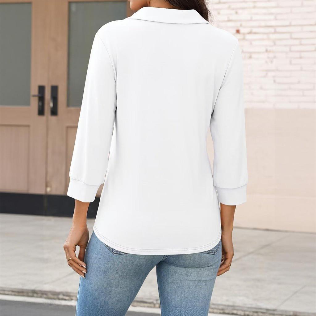 Women's Fashion Casual Lapel Short 3/4 Sleeve Color Shirt Women's Up Tops
