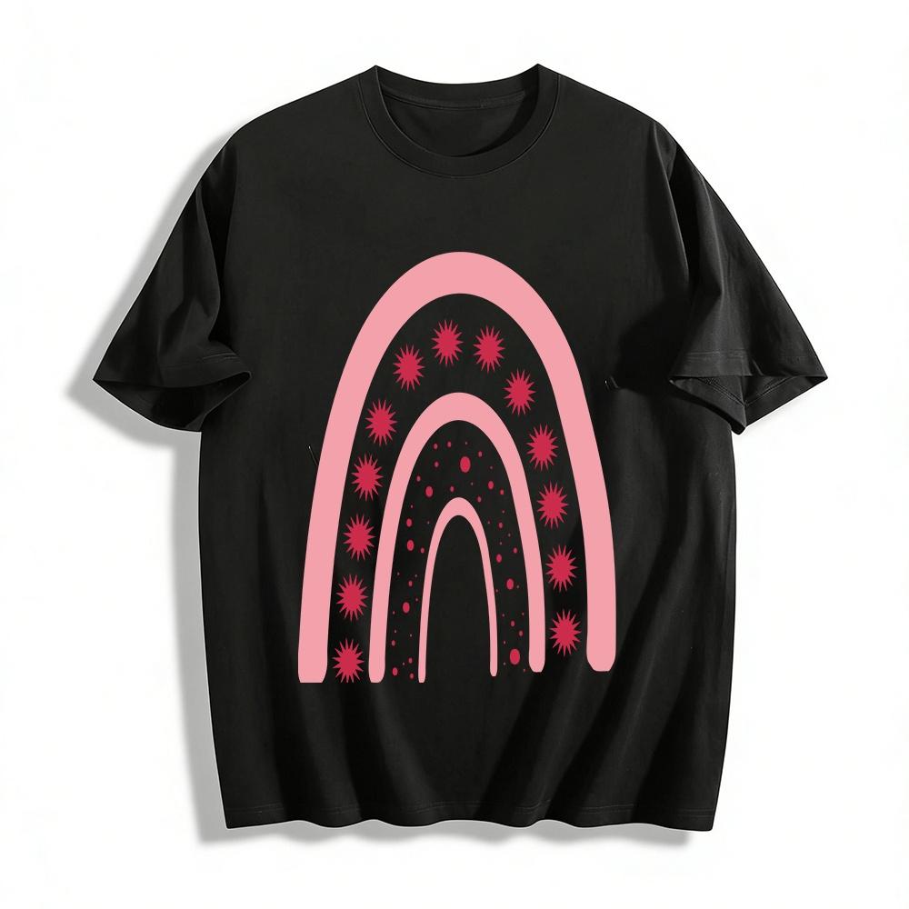 Pink Rainbow Print Casual Tee Loose Fit Versatile Top For Women Pure cotton T-shirt XXS
